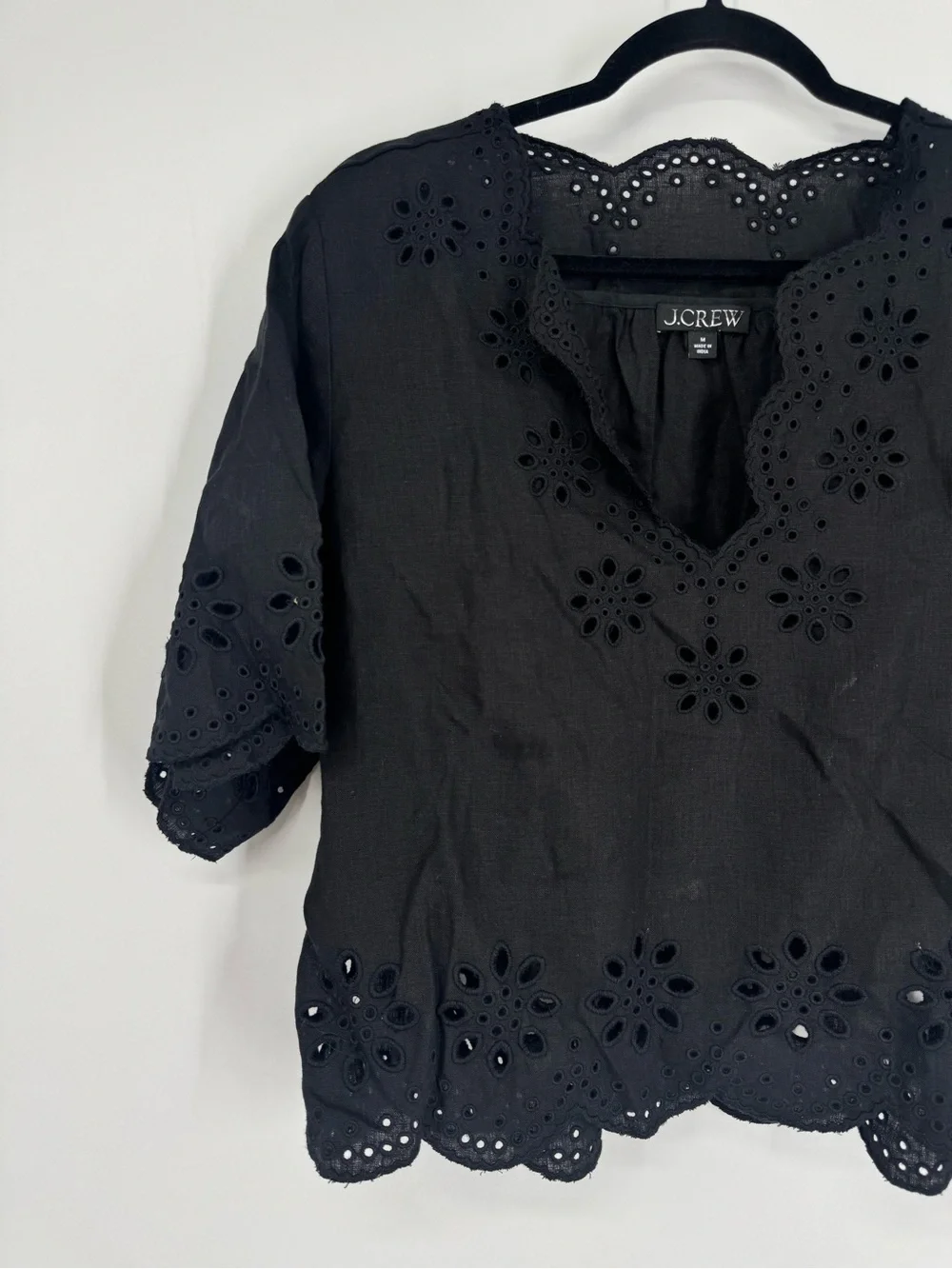 NEW J. Crew Embroidered Eyelet Top Black Linen Scalloped Trim Loose Size M